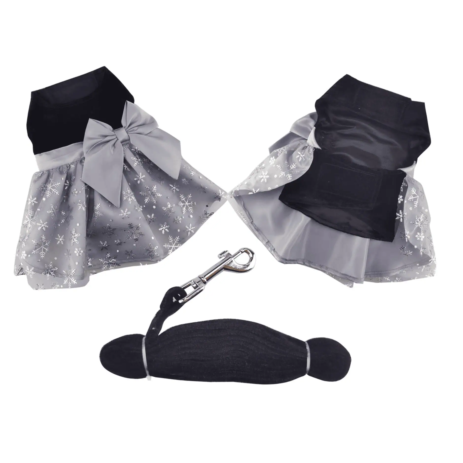 front and back side of black velvet dog dress with a gray skirt overlaid with shimmery snowflakes. The front has a velcro neck and belly strap and the back has an oversized gray bow at the waist
