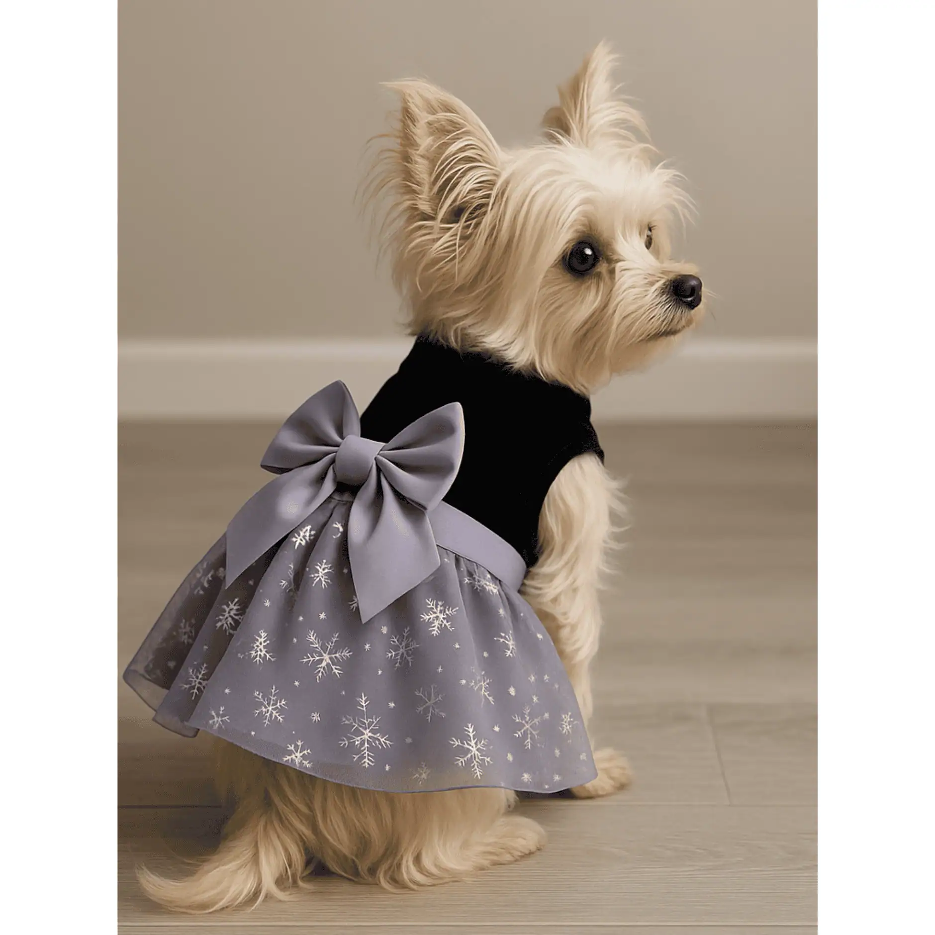 A Yorkie facing the side wearing a black velvet dress with a gray skirt overlaid with shimmery snowflakes. An oversized gray bow at the waist