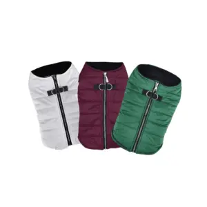 3 Zip up dog puffer vests in silver, burgundy, and green