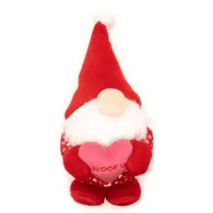 Red Gnome Dog Toy holding a pink heart