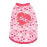 Pink dog tank featuring a light pink and dark pink mini hearts, pink bones, and love letters design.. And a large dark pink hearts applique in the middle with the word "love" written in white and cursive