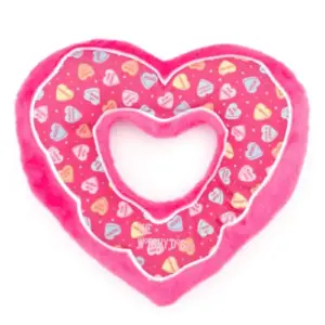 Pink heart dog toy with candy hearts design