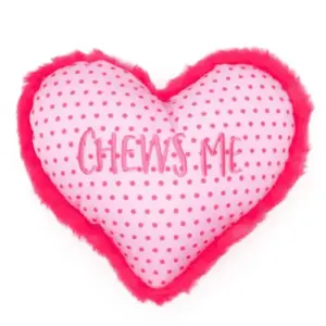 Pink heart dog toy with hot pink polka dots and hot pink fur trim with "Chews Me" embroidered in the center