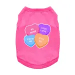 Pink dog talk with four candy hearts design with sayings "Be Mine" "True Love" "You & Me", and "Kiss Me"
