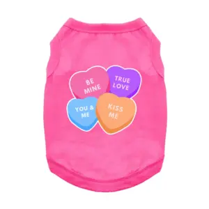 Pink dog talk with four candy hearts design with sayings "Be Mine" "True Love" "You & Me", and "Kiss Me"