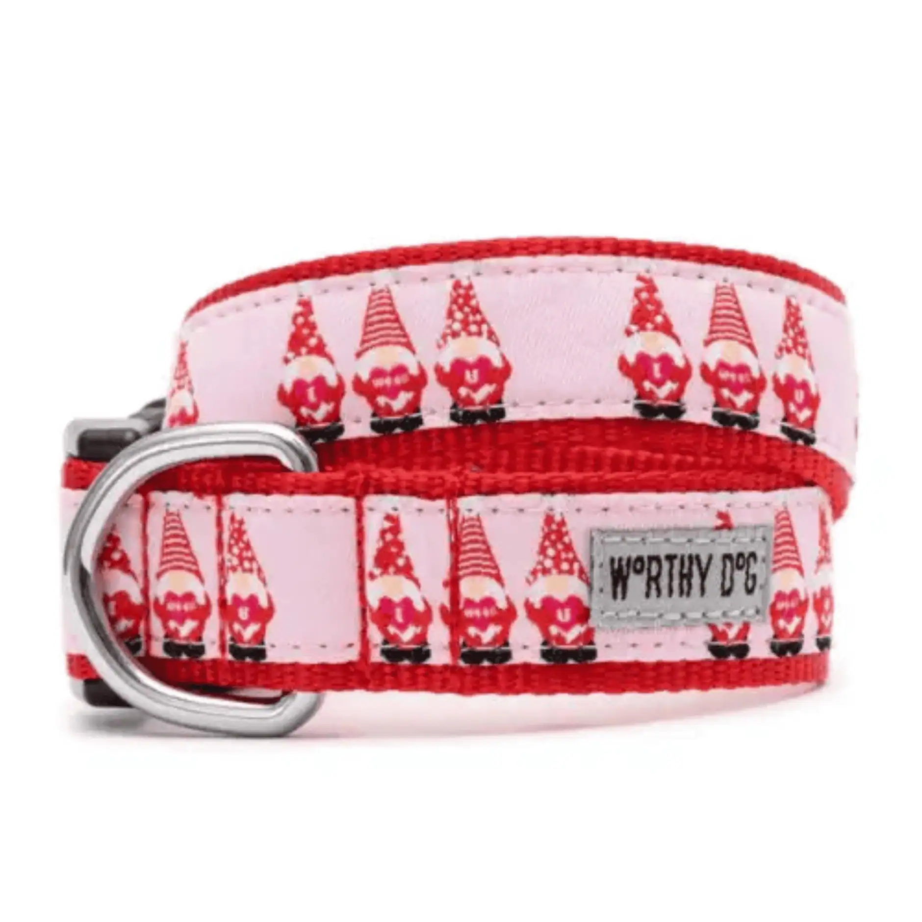 Pink dog collar featuring gnomes with Valentine hearts design, red boarder and silver D-ring
